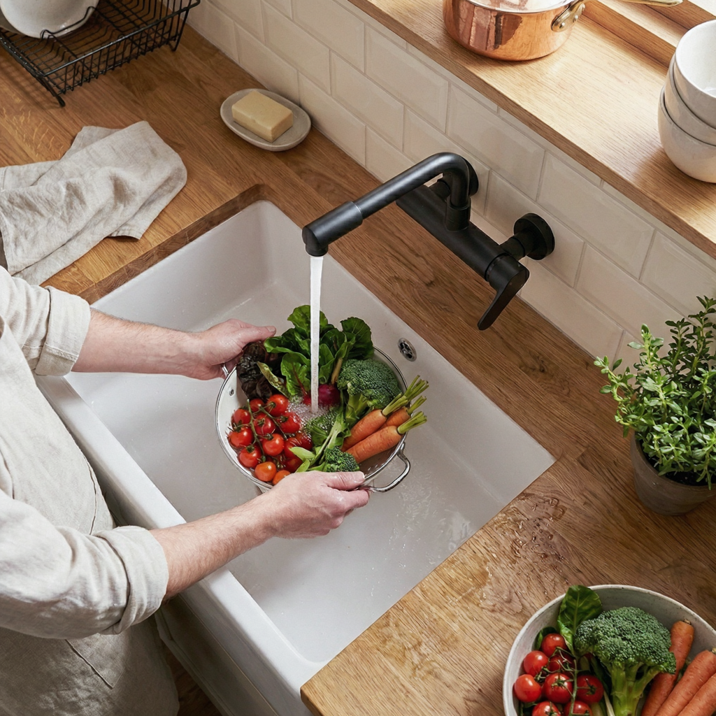 robinet-cuisine-mural-acier-inoxydable-bec-long-lavage-legume