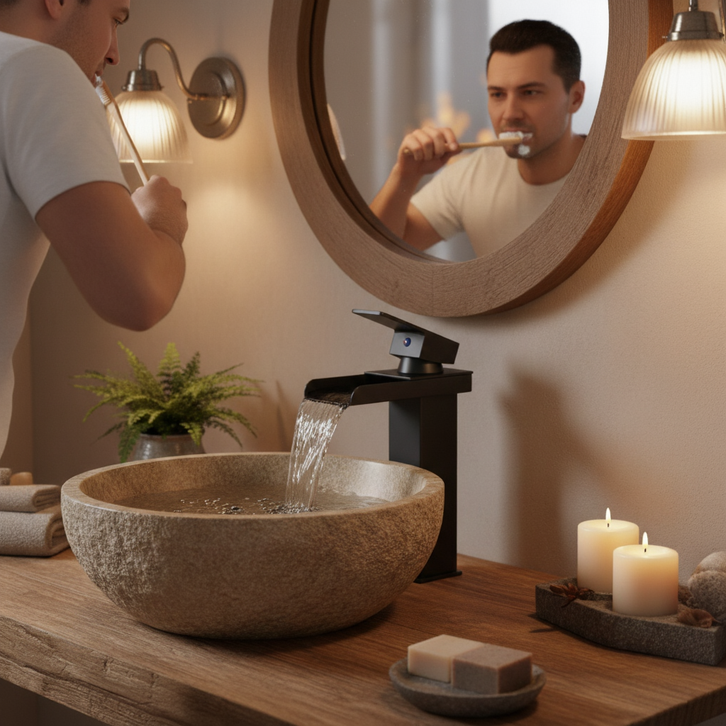 robinet-lavabo-cascade-lavage-dents